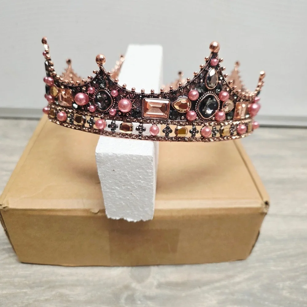Rose Gold Pink Pearl Crystal Full Round Crown Tiara Royal Pageant  Headpiece